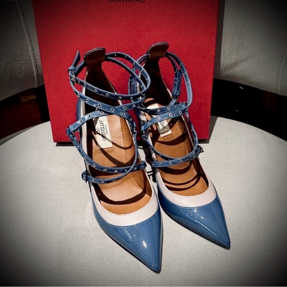 Strappy Valentino Blue and Beige Heels